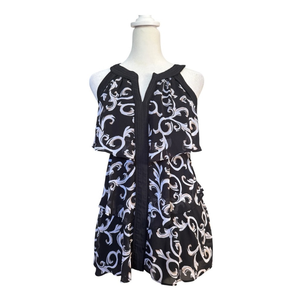 INC Black & White Baroque Scroll Print Tiered Halter Tunic